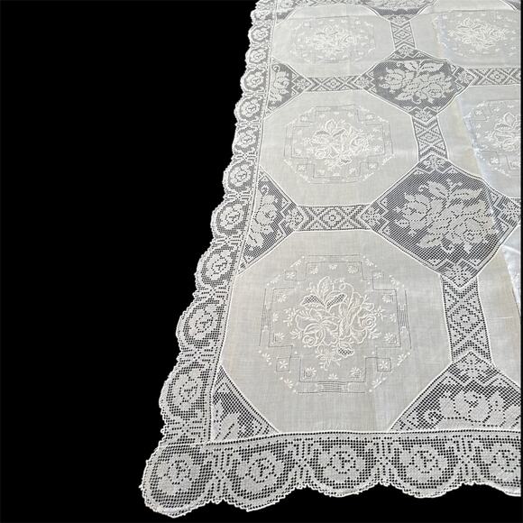 Vintage Army Navy Filet Lace Tablecloth 64x109 White Cotton Whitework Embroidery - Picture 3 of 5